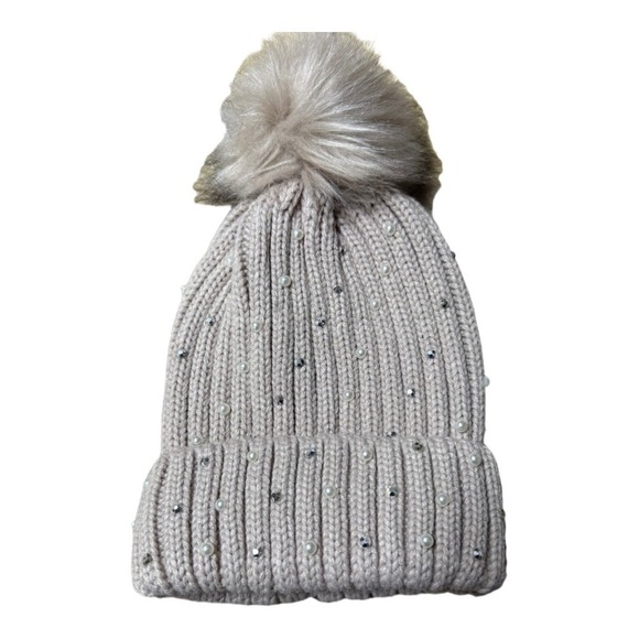 Windsor Pink Mauve Rhinestone Pearl Pompom Beanie NWT Winter Snow Fashion - Picture 2 of 6